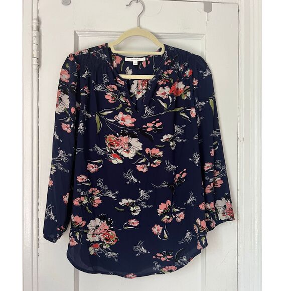 FUN2FUN Blouse Kinny Split Neck Women's Size S Navy Blue Floral Top 3/4 Sleeve - Picture 6 of 7